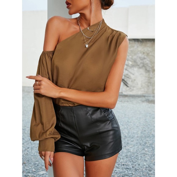 Asymmetrical one shoulder long sleeve tan Blouse - Picture 3 of 6